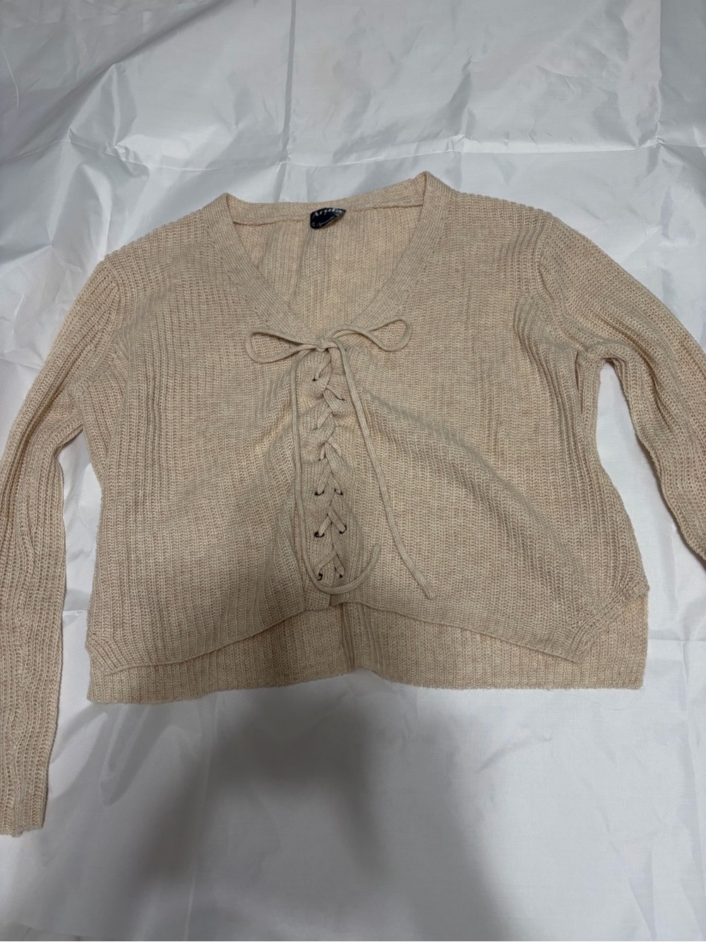 NWOT Arula Lace-Up V-Neck Knit Sweater - Beige
